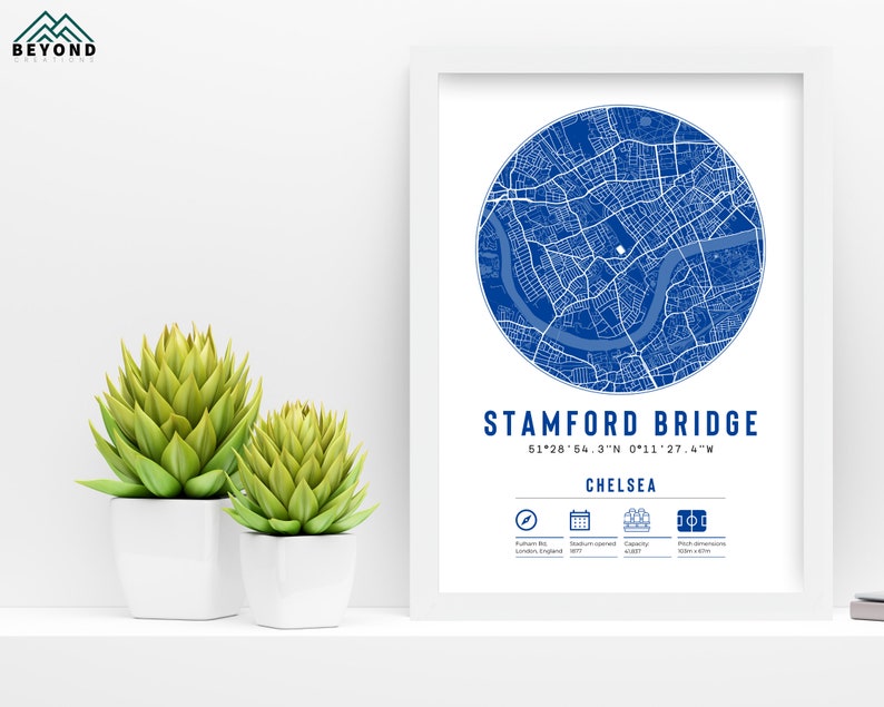 May include: A white framed print with a blue map of Stamford Bridge, Chelsea, London. The print includes the coordinates 51&deg;28'54.3"N 0&deg;11'27.4"W and the text "Stamford Bridge, Chelsea".