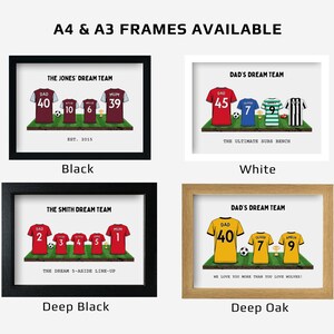 May include: Framed soccer-themed artwork with personalized jerseys. The artwork features jerseys with names and numbers, displayed on a green field. The frames are available in black, white, deep black, and deep oak.