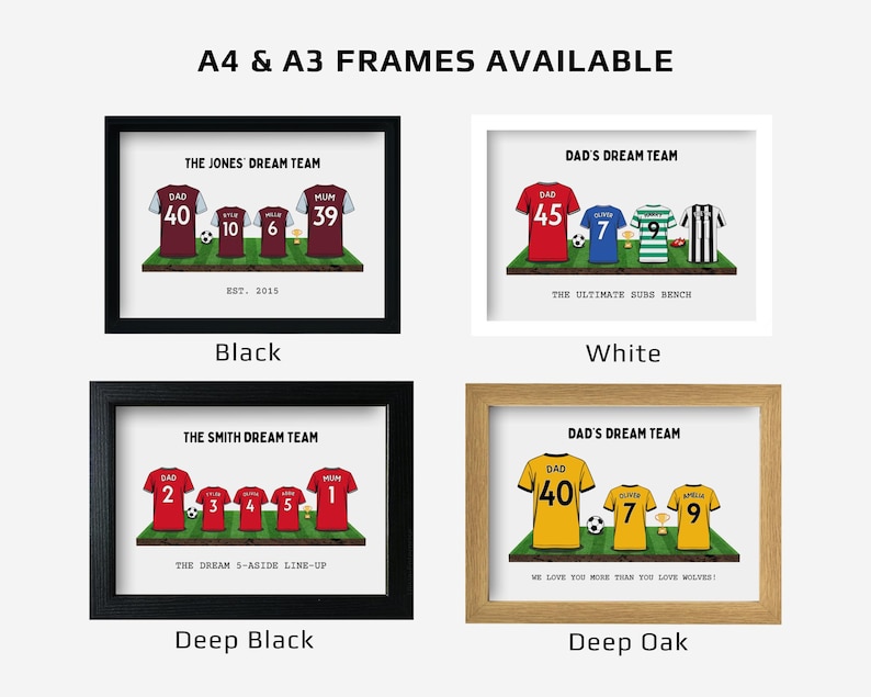 May include: Framed soccer-themed artwork with personalized jerseys. The artwork features jerseys with names and numbers, displayed on a green field. The frames are available in black, white, deep black, and deep oak.