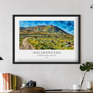Ingleborough Yorkshire 3 Peaks Artwork Print & Frame Gift Three Walk Hike Present Pen-y-ghent Whernside Painting Drawing Y3P Challenge Dales