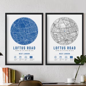 Queens Park Rangers Loftus Road minimalistische kaartafdrukken en frames | The Hoops FC Memorabilia Cadeau Decor Vader Opa Oom Broer Voetbal