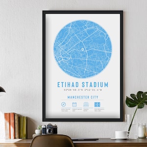 Manchester City Etihad-karta | Tryck och ramar tillgängliga | Fotbollspresent till honom | Manlig supporterdekoration, pappa, bror, pojkvän, jul