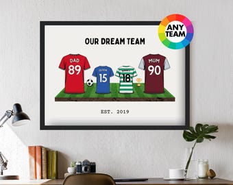 Personalised Family Dream Team Football Shirt Art Print | Frames Available | Footy Fan Custom Gift for Dad Husband Him Artwork Soccer Decor