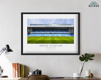 May include: A black and white photo of Ibrox Stadium, home of the Rangers Football Club. The stadium is a large, open-air stadium with a grassy field and a large number of seats. The text "IBROX STADIUM RANGERS OPENED IN 1899" is printed below the image.