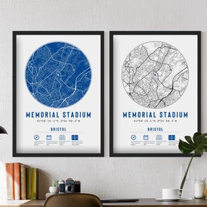 Impressions de carte et cadres minimalistes du Bristol Rovers Memorial Stadium | The Pirates F.C. Cadeau souvenirs Décoration Papa Grand-père Oncle Frère Football