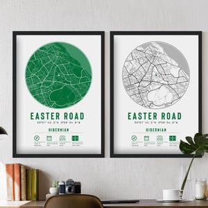 Impressions et cadres minimalistes de carte de la route de Pâques de l'Hibernian FC | Les Hibees F.C. Cadeau décoration papa souvenirs grand-père oncle frère football