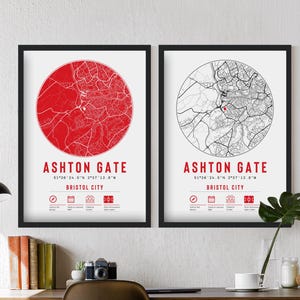 Bristol City Ashton Gate Minimalista Mapa Impressões e Molduras | The Robins F.C. Decoração de Presentes Lembranças de Pai Vovô Tio Irmão Futebol