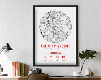 Nottingham The City Grundkarte | Drucke und Rahmen erhältlich | Fußball Wald Geschenk Dekor Sohn Bruder Papa Opa Opa Opa The Reds