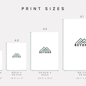 May include: A chart showing different print sizes for posters, labeled A1, A2, A3, and A4. The chart shows the dimensions in both centimeters and inches. The poster design features a green mountain range logo with the text "BEYOND CREATIONS".
