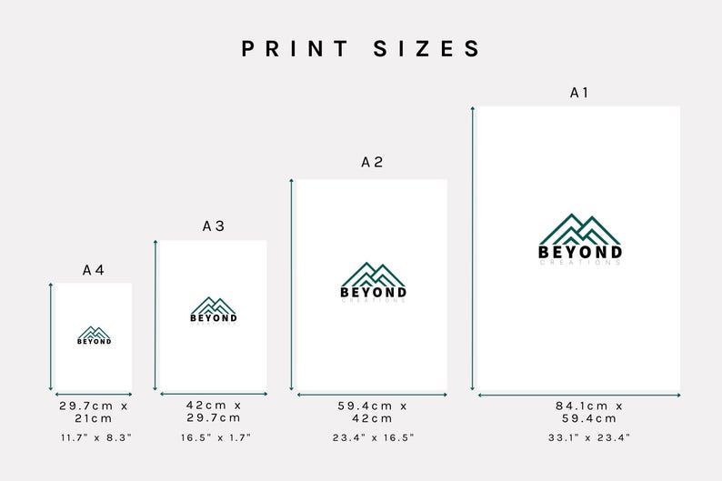 May include: A chart showing different print sizes for posters, labeled A1, A2, A3, and A4. The chart shows the dimensions in both centimeters and inches. The poster design features a green mountain range logo with the text "BEYOND CREATIONS".