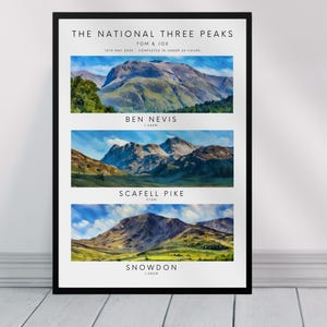 May include: A poster with a white background and black text that reads "The National Three Peaks, Tom & Joe, 12th May 2023, Completed under 24 hours". The poster features four images of mountains: Ben Nevis, Scafell Pike, Snowdon, and a fourth mountain with no name.