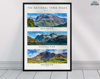 The National Three Peaks Print & Frame Gift | Personalised Walk Hike Present Ben Nevis Scafell Pike Snowdon Painting Drawing Challenge 3