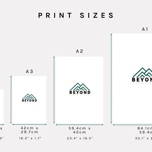Pu&ograve; includere: Un grafico che mostra diverse dimensioni di stampa per poster, etichettate A1, A2, A3 e A4. Il grafico mostra le dimensioni sia in centimetri che in pollici. Il design del poster presenta un logo di montagne verdi con il testo "BEYOND CREATIONS".