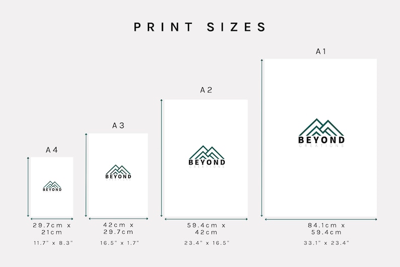 Pu&ograve; includere: Un grafico che mostra diverse dimensioni di stampa per poster, etichettate A1, A2, A3 e A4. Il grafico mostra le dimensioni sia in centimetri che in pollici. Il design del poster presenta un logo di montagne verdi con il testo "BEYOND CREATIONS".