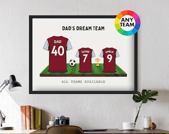 Custom Hammers Dream Team Football Shirt Artwork | Frames Available | Gift for West Dad Husband Ham Family Wall United Father's Day Print
