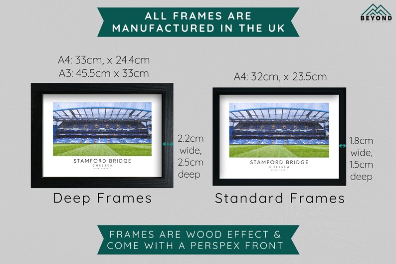 May include: Two black picture frames with a football stadium image inside. The frame on the left is a deep frame with a 2.2 inch wide and 2.5 inch deep frame. The frame on the right is a standard frame with a 1.8 inch wide and 1.5 inch deep frame. Both frames are wood effect and come with a perspex front. The text "STAMFORD BRIDGE CHELSEA" is printed below the image in both frames.