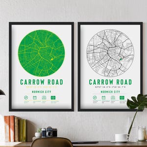 Norwich City FC Carrow Road Stadium Minimalistische kaartafdrukken en frames | Kanaries FC Cadeau Decoratie Vader Opa Oom Broer Zoon Voetbal Hem