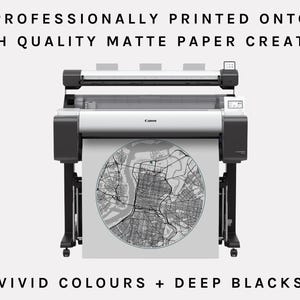 May include: A large format printer printing a black and white map on high quality matte paper. The printer is a Canon imagePROGRAF PRO-4000.