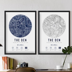 Millwall FC The Den Minimalist Map Prints & Frames | The Lions F.C. Gift Decor Dad Memorabilia Granddad Uncle Brother Football
