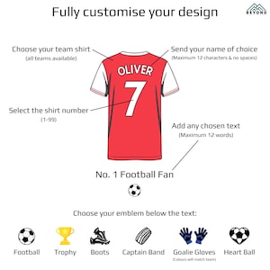 May include: A customizable red and white soccer jersey with the name "OLIVER" and the number "7" on the back. The image includes options for choosing a team shirt, name, number, and text, along with various emblems like a football and trophy.