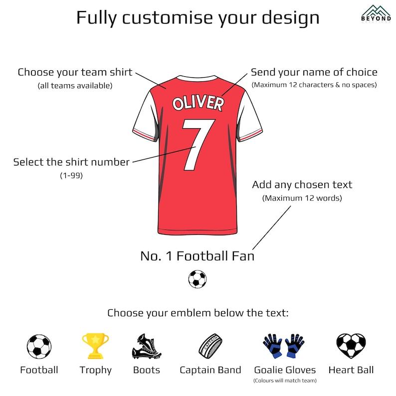 May include: A customizable red and white soccer jersey with the name "OLIVER" and the number "7" on the back. The image includes options for choosing a team shirt, name, number, and text, along with various emblems like a football and trophy.
