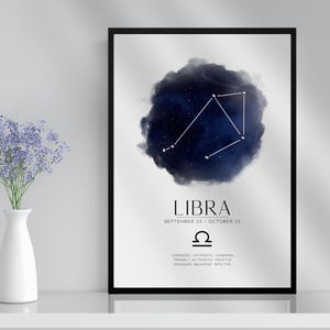 Libra Sternzeichen Konstellation Print & Rahmen Geschenk Astronomie Astrologie Sternzeichen Sterne Kunst Wand Dekor für Sie Ihn Freund Freundin Boho Decor