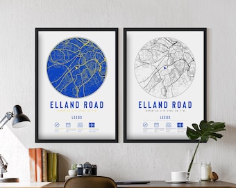 Set de regalo con impresión y marco de mapa minimalista de Leeds Elland Road / United Decor Fútbol Papá Abuelo Hermano Tío Fútbol Los Whites Para Él
