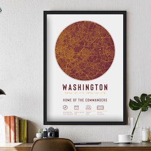 Cadeau encadré unique avec impression de carte du stade des commandants de Washington | Pour lui, papa, frère, grand-père, oncle, affiche de football américain déco