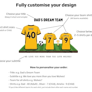 May include: Customizable soccer-themed design featuring three yellow jerseys with black trim, each with a name and number. The text reads "DAD'S DREAM TEAM" and includes instructions for personalization. A soccer ball and trophy are also included.