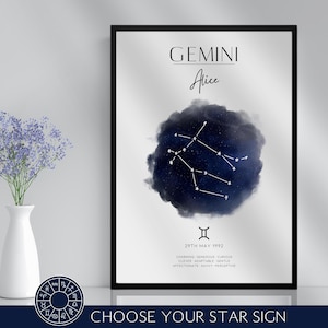 Personalisiertes Sternzeichen Konstellationen Print & Rahmen Geschenk | Astronomie Astrologie Sternzeichen Kunst Wanddekor für sie ihn ihn Freund Freundin Boho