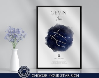 Personalised Star Sign Constellations Print & Frame Gift | Astronomy Astrology Zodiac Art Wall Decor For Her Him Boyfriend Girlfriend Boho