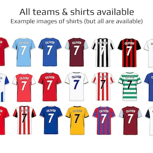May include: A collection of soccer jerseys in various colors, each displaying the name "OLIVER" and the number "7". The text "All teams & shirts available" and "Example images of shirts (but all are available)" are also visible.
