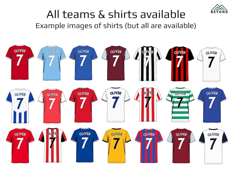 May include: A collection of soccer jerseys in various colors, each displaying the name "OLIVER" and the number "7". The text "All teams & shirts available" and "Example images of shirts (but all are available)" are also visible.