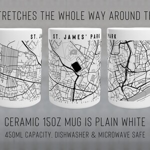 May include: White ceramic mug with a black and white map of St. James' Park, London, printed on it. The map wraps around the entire mug. The mug is 15 oz and has a 450 ml capacity. It is dishwasher and microwave safe.