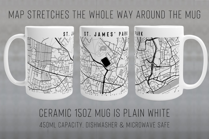 May include: White ceramic mug with a black and white map of St. James' Park, London, printed on it. The map wraps around the entire mug. The mug is 15 oz and has a 450 ml capacity. It is dishwasher and microwave safe.