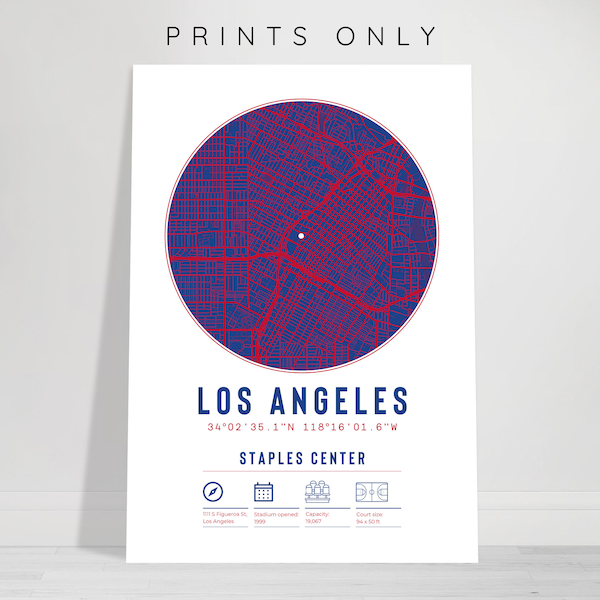 Los Angeles Clippers Staples Center Minimalist Map Prints | Cadeau de basket-ball LA L.A, papa, frère, fils, oncle, affiche d'art sportif, souvenirs de la NBA