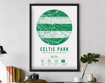 Celtic Park Minimalist Map Prints & Frames | Gift Decor Football F.C. FC Dad Granddad Brother Uncle Dad Stadium Celts