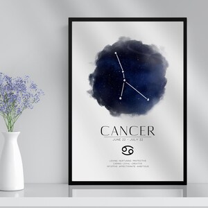 Kanker sterrenbeeld sterrenbeeld print en lijst cadeau | Astronomie Astrologie Zodiac Stars Art Wall Decor Voor haar hem vriend vriendin Boho