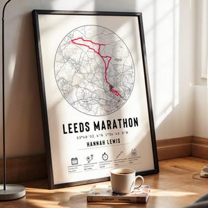Carte de finition personnalisée du marathon de Leeds 2025, impression et cadre, course cadeau célébration cadeau personnalisé coureur athlète route parcours Rob Burrow