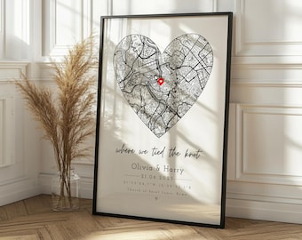 Personalised Wedding Print & Frame Gift | Anniversary Engagement First Date Couple Heart Minimalist Map Home Decor Married Valentines Unique