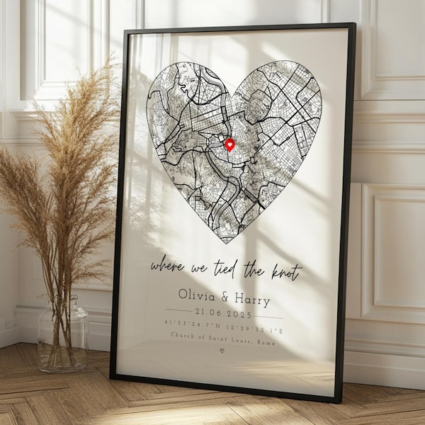 Personalised Wedding Print & Frame Gift | Anniversary Engagement First Date Couple Heart Minimalist Map Home Decor Married Valentines Unique