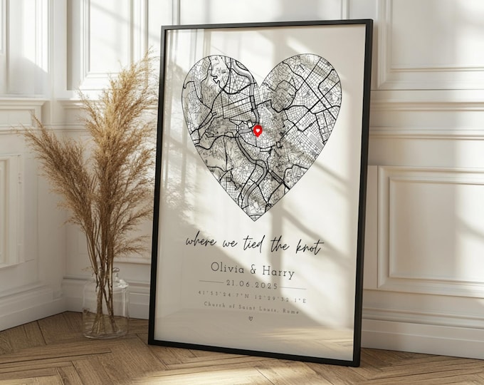 Personalised Wedding Print & Frame Gift | Anniversary Engagement First Date Couple Heart Minimalist Map Home Decor Married Valentines Unique
