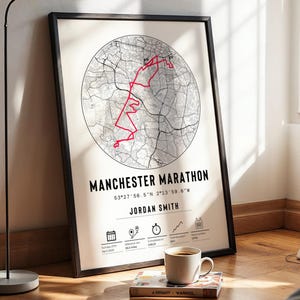 Parcours personnalisés du marathon de Manchester 2025, impression et cadre de la carte, cadeau de fin de course de célébration, cadeau personnalisé du coureur, parcours de l'athlète