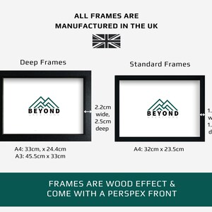 May include: Image showcasing two black picture frames, labeled "Deep Frames" and "Standard Frames." The frames are wood effect and have a perspex front. The text indicates they are manufactured in the UK. Measurements are provided in centimeters for A4 and A3 sizes.