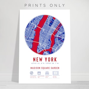 Impresiones de mapas minimalistas del Madison Square Garden de los New York Rangers / Póster de arte deportivo de hockey sobre hielo de Nueva York, regalo para papá, hermano, hijo y tío, recuerdos de la NHL