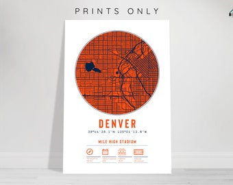 Denver Broncos Mile High Stadium Minimalist Map Prints | Football NFL Empower Field Gift Dad Brother Son Uncle Sports Art Memorabilia