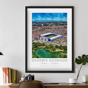 Adiós Goodison 1892-2025 Impresión de pintura artística/póster que muestra el área de Everton en Liverpool Regalo impresionista para él Fanático Papá Abuelo Hijo