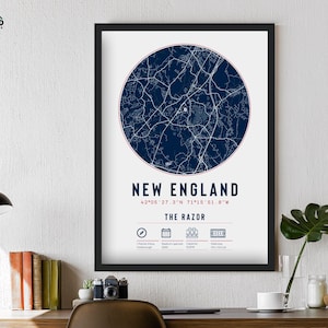 New England Patriots Stadion Karte Einzigartiges gerahmtes Geschenk | Für Ihn Dad Brother Opa Onkel American Football Poster Dekoration