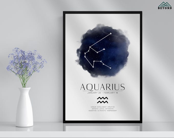 Aquarius Star Sign Constellation Print & Frame Gift | Astronomy Astrology Zodiac Stars Art Wall Decor For Her Him Boyfriend Girlfriend Boho