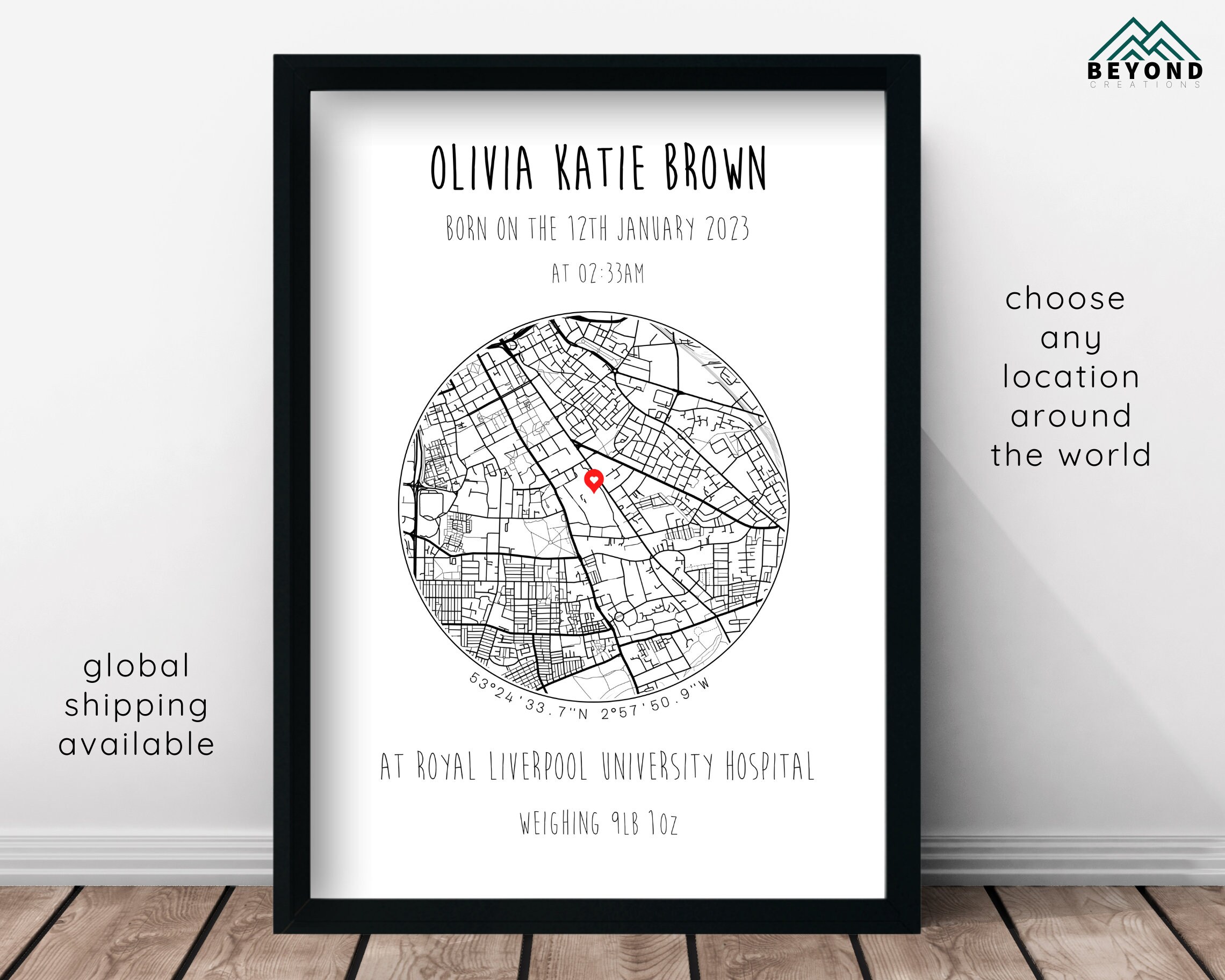 Normal Map For Infant Personalised Newborn Baby Map Birth Details Nursery Print & Frames ...